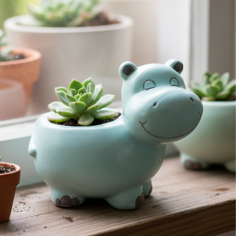 Wonderland 5 inch Adorable Hippo Ceramic Succulent Planter – Mint Blue Animal Flower Pot for Indoor Plants, Cactus, and Office Décor-5.5x2.5x5inch(Plant Not Included)