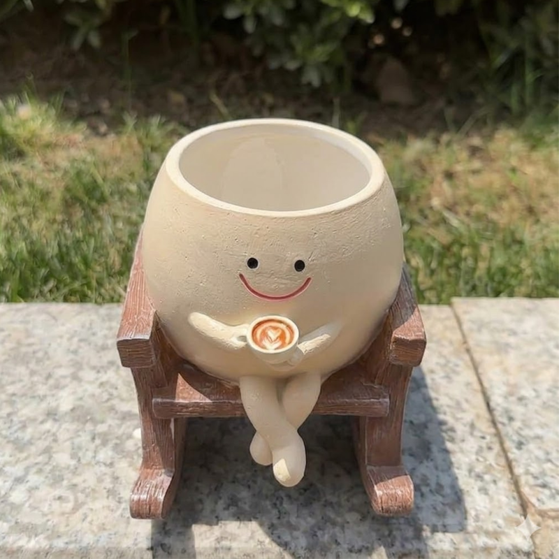 Whimsical Smiling Sitting Rocking Chair Planter – Cute Face Flower Pot with Coffee Cup Material- Resin