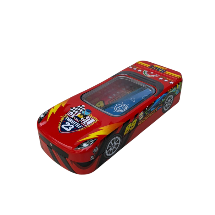 3D racing car metal pencil box for kids with built-in sharpener and transparent window, available in red, blue, green, and black.