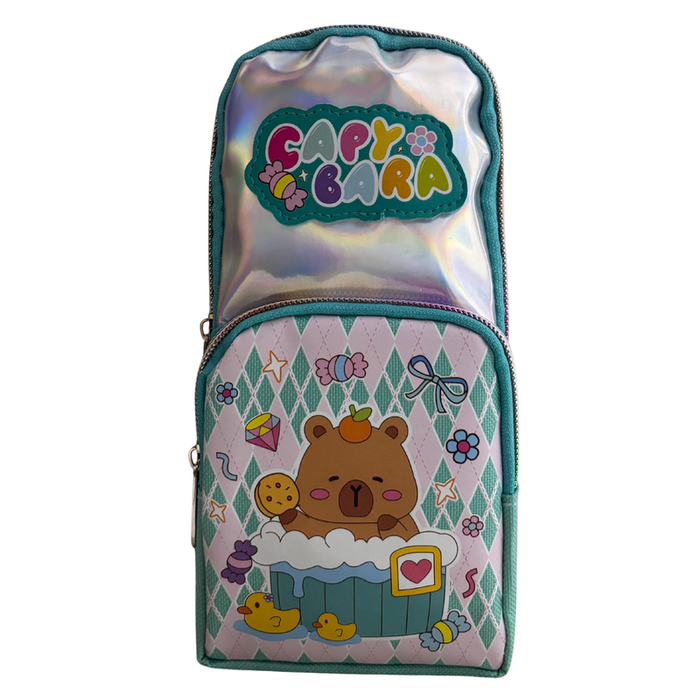 capybara pencil cases in pink, yellow, and blue with holographic windows and cute capybara bath illustrations.