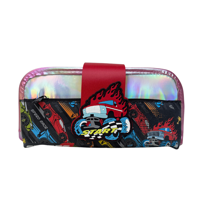 racing car pencil cases with shiny holographic top and 3D rubber car badge.