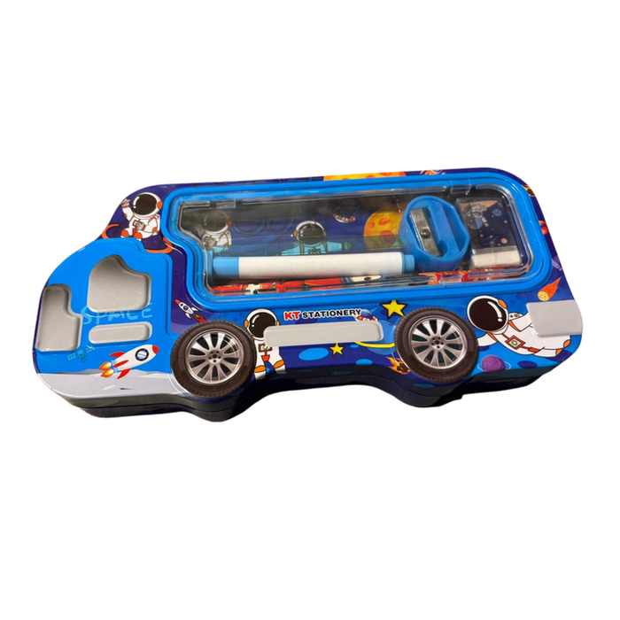 bus-shaped metal pencil boxes in various character themes including Spider-Man, Batman, Avengers, and Cars, shown from an overhead view on a white background, each containing a matching stationery set.