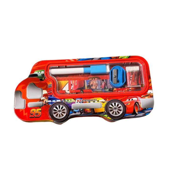 bus-shaped metal pencil boxes in various character themes including Spider-Man, Batman, Avengers, and Cars, shown from an overhead view on a white background, each containing a matching stationery set.