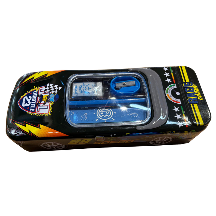 3D racing car metal pencil box for kids with built-in sharpener and transparent window, available in red, blue, green, and black.