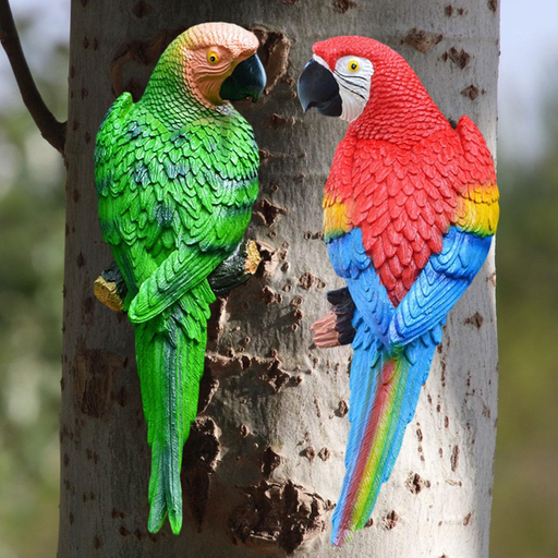 Pair of realistic red and green parrot figurines perched on branches for tropical wall hanging decor.