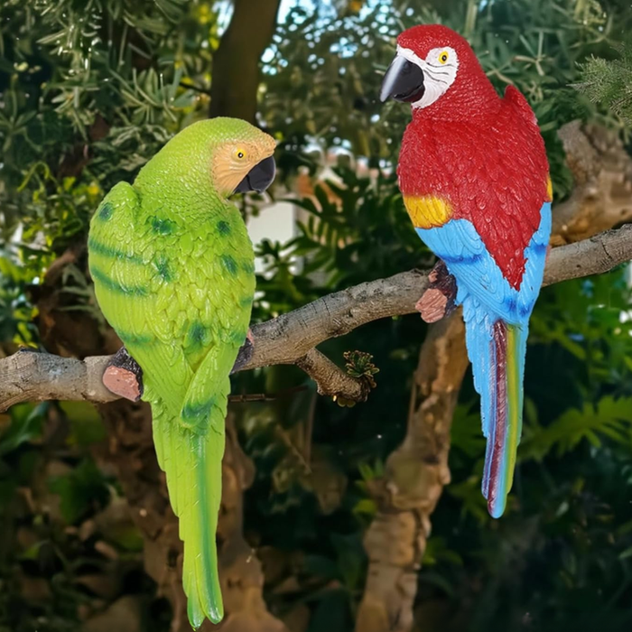 Tropical Parrot Wall Decor Set (Green & Red Macaws)Life Like Bird Sculptures | Lawn Figurines| Garden Décor