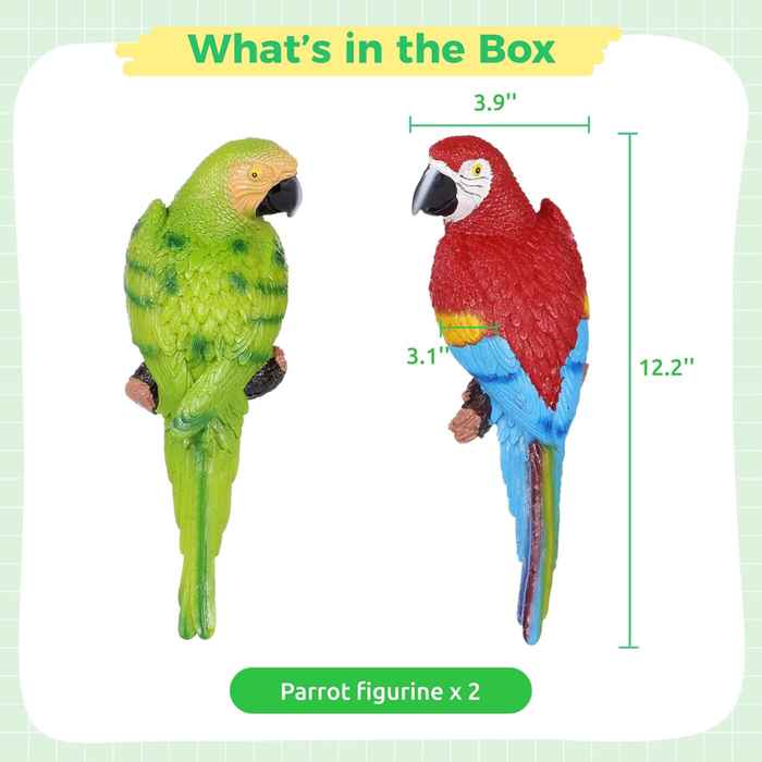Tropical Parrot Wall Decor Set (Green & Red Macaws)Life Like Bird Sculptures | Lawn Figurines| Garden Décor