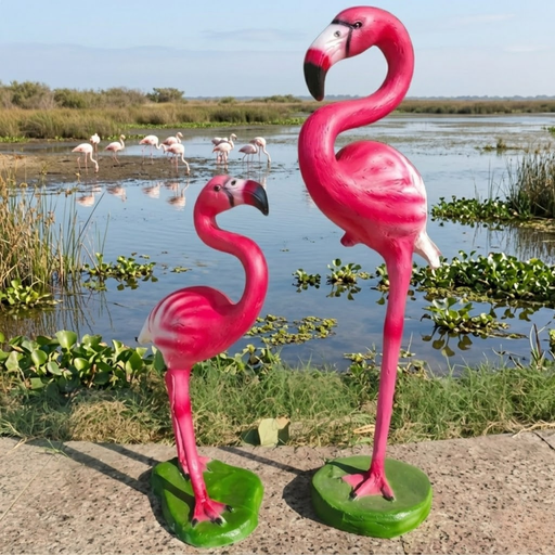 Two vibrant pink resin flamingo garden statues with detailed feathers and black beaks