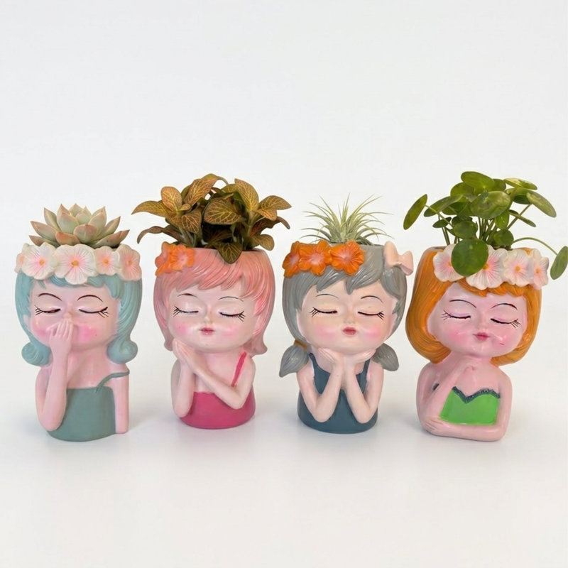 6 inch Set of 4 Whimsical Girl Face Succulent Planters – Cute Resin Head Flower Pots for Indoor Plants, Decorative Cactus Vase for Home & Office Desk Decor