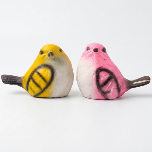 Two decorative hand-painted bird figurines, one in bright sunny yellow and one in soft pastel pink, featuring a rustic textured finish on a red background.