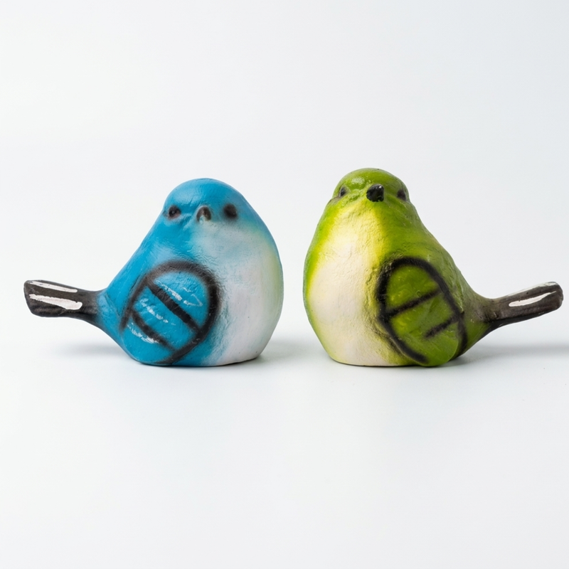 Set of 2 Decorative Hand-Painted Bird Figurines –Blue and Green