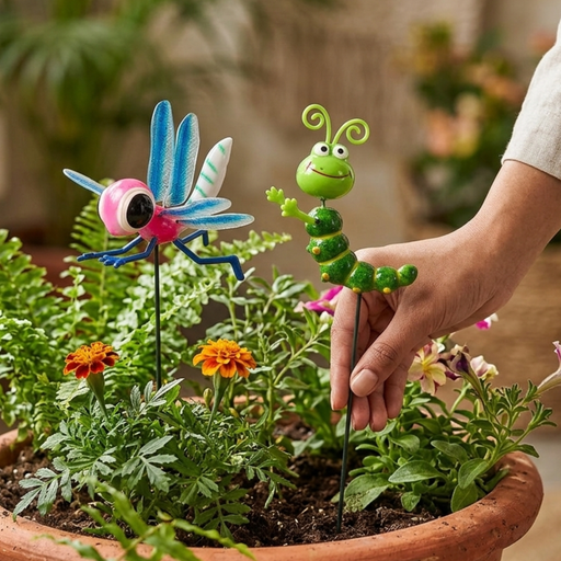 Two whimsical, hand-painted metal garden stakes—a pink and blue dragonfly and a smiling green caterpillar—placed in a lush garden bed with dark soil, green hosta leaves, and purple lavender flowers.