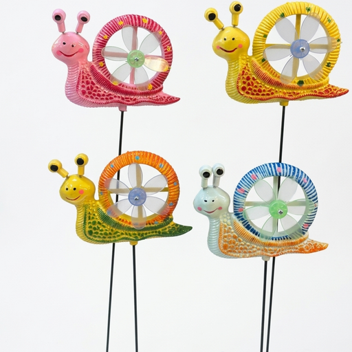 Four colorful decorative snail garden stakes with spinning windmill shells in pink, yellow, orange, and blue, mounted on thin metal poles against a neutral background.