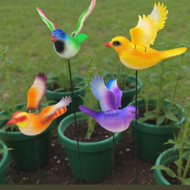 Vibrant Wing-Flapping Garden Bird Stakes - Set of 4