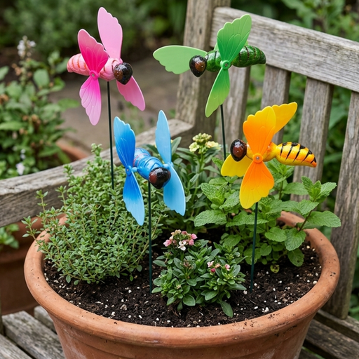 A set of four colorful insect-themed garden wind spinners including a pink bug, green beetle, blue dragonfly, and yellow bumblebee, each mounted on a thin metal stake against a grey stone wall.