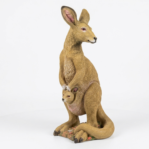 Realistic life-sized mother kangaroo and joey garden statue standing on a stone patio