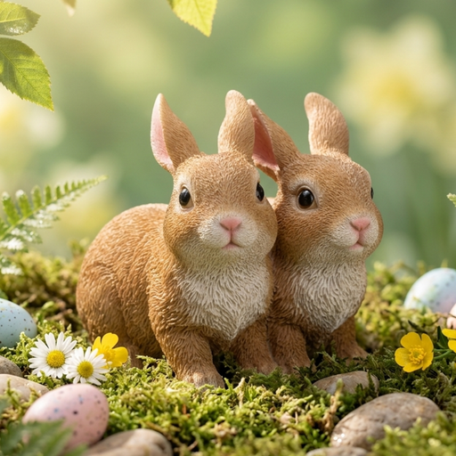 Two realistic brown and white miniature rabbit figurines sitting side-by-side on a white background, featuring detailed fur texture and hand-painted features.