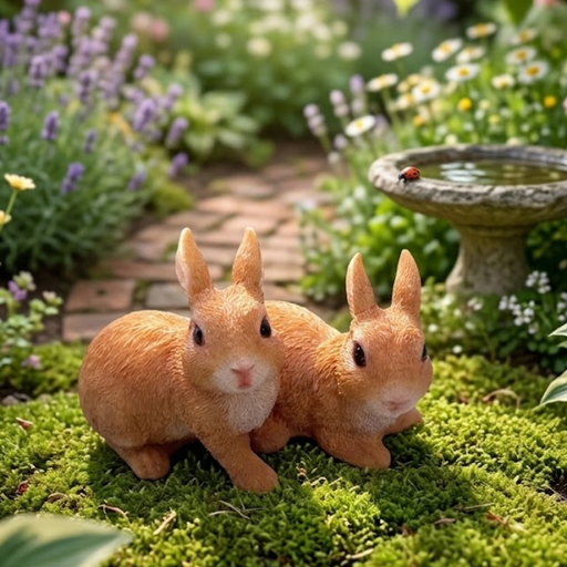 Two small, realistic orange bunny garden statues sitting on a bed of green moss in a lush backyard garden.