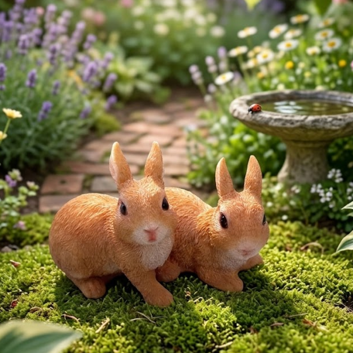 Two small, realistic orange bunny garden statues sitting on a bed of green moss in a lush backyard garden.