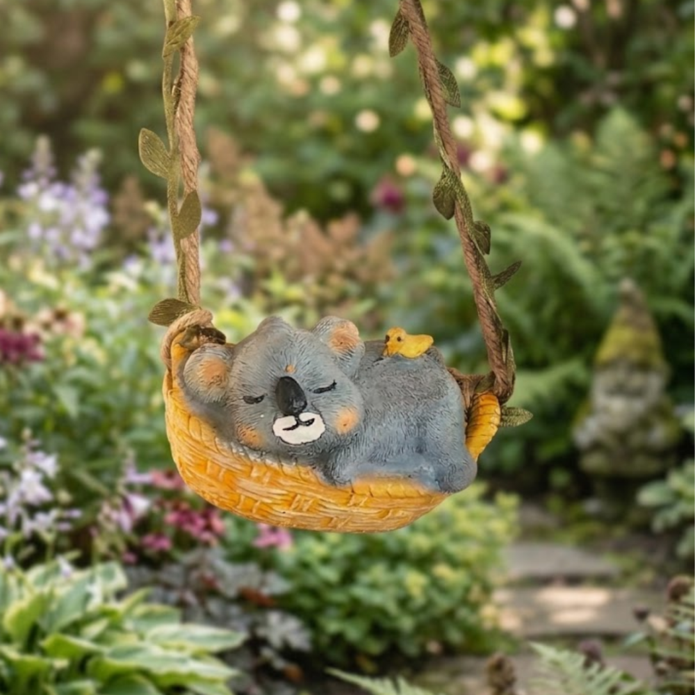 Sleeping Koala Garden Statue – Mini Hanging Tree Decór with Swing Basket