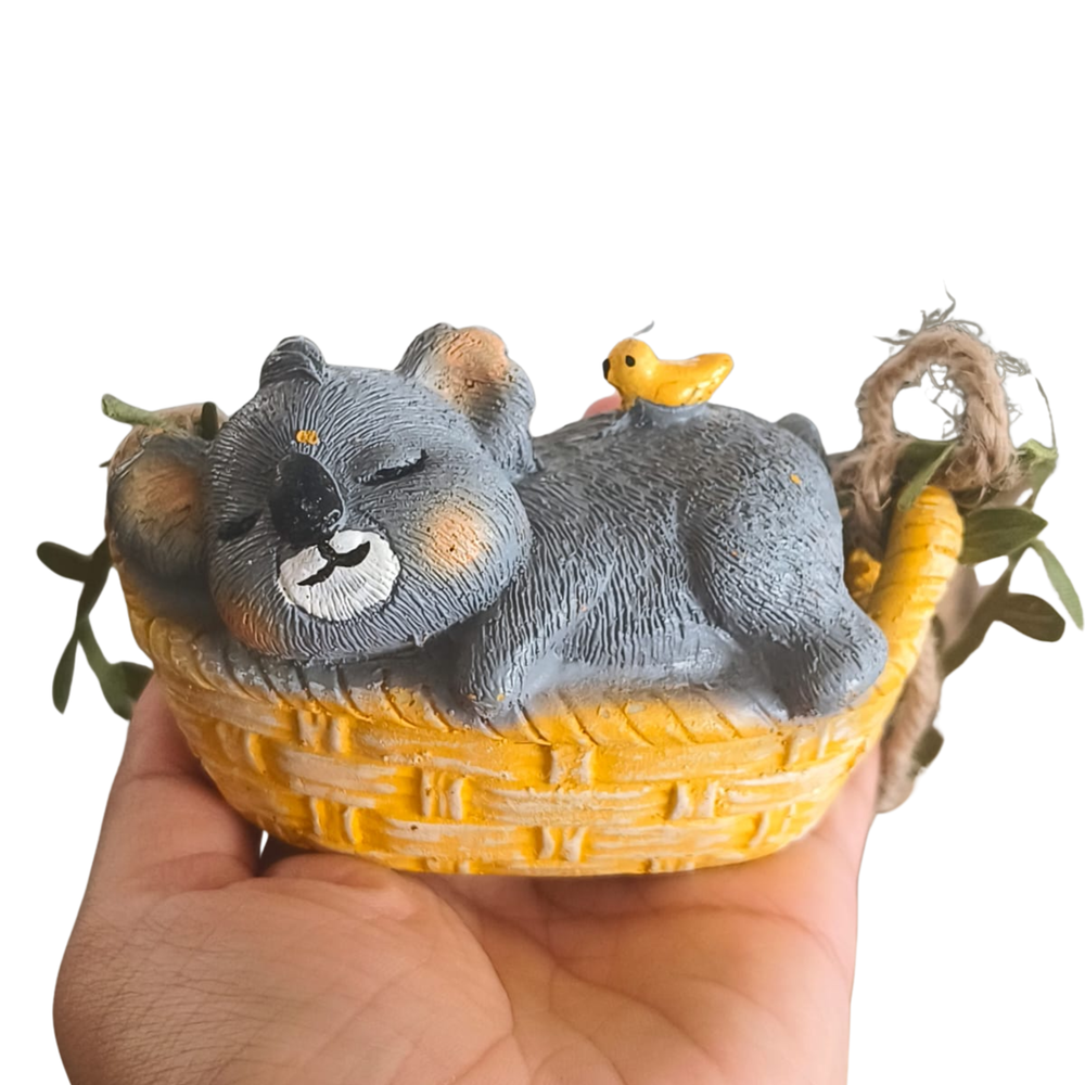 Sleeping Koala Garden Statue – Mini Hanging Tree Decór with Swing Basket