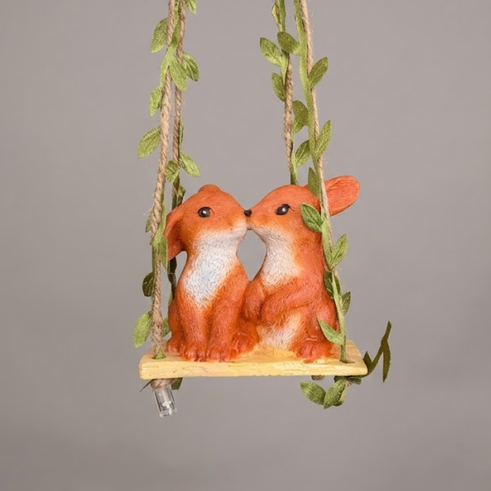 Romantic Kissing Bunnies on Mini Hanging Tree Swing