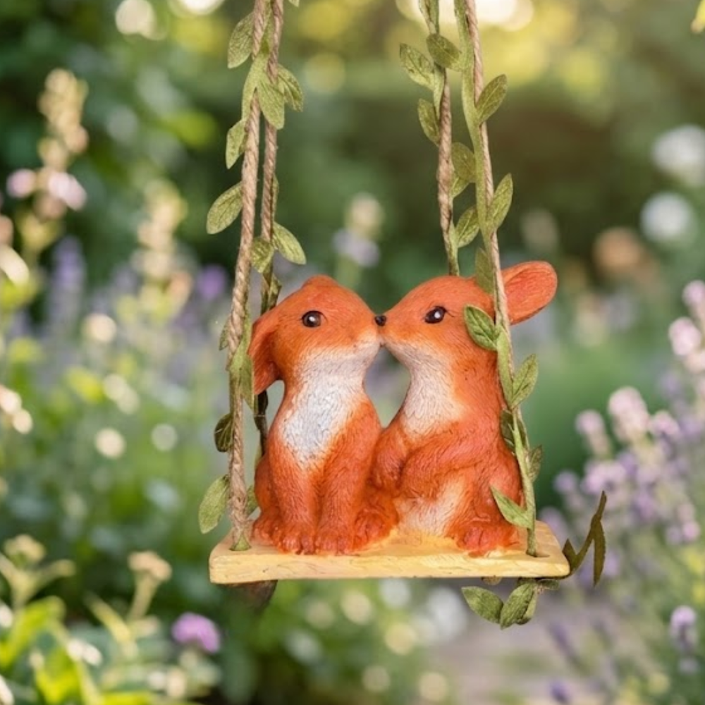 Romantic Kissing Bunnies on Mini Hanging Tree Swing