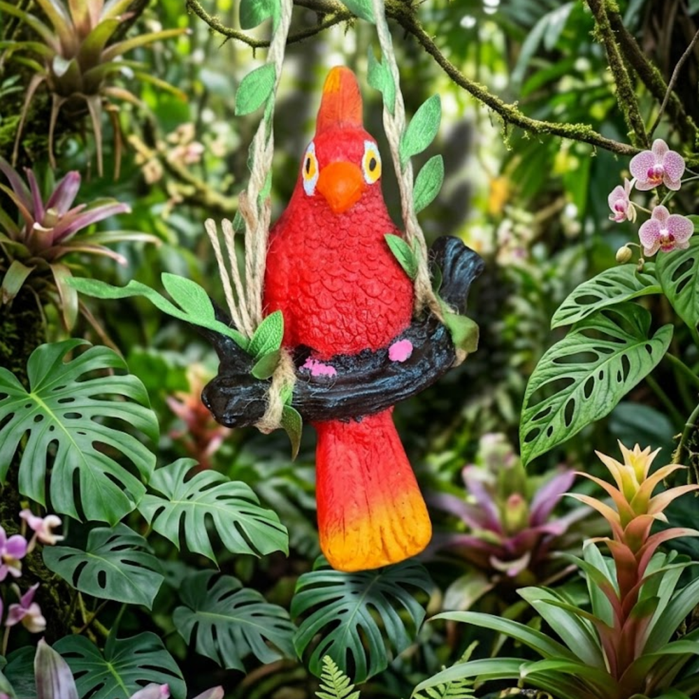 Vibrant Red Parrot Garden Statue – Mini Hanging Tropical Bird Figurine