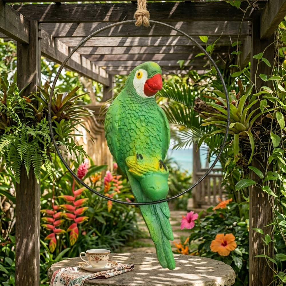 Hanging Green Parrot Garden Figurine – Vivid Bird Hanging Ring Ornament