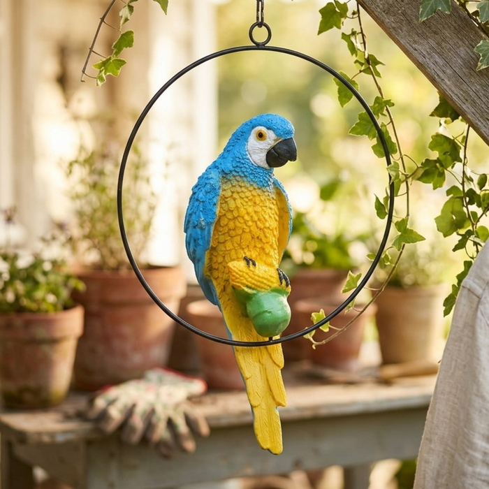 Vibrant Blue and Yellow Macaw Parrot Hanging Garden Statue – Weather-Resistant Resin Bird Sculpture on Metal Ring