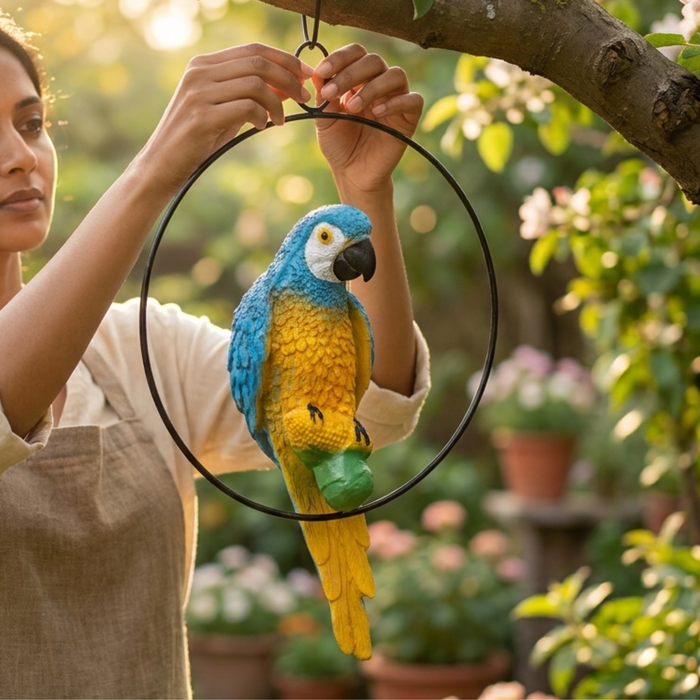 Vibrant Blue and Yellow Macaw Parrot Hanging Garden Statue – Weather-Resistant Resin Bird Sculpture on Metal Ring