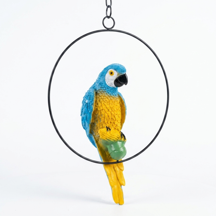 Vibrant Blue and Yellow Macaw Parrot Hanging Garden Statue – Weather-Resistant Resin Bird Sculpture on Metal Ring