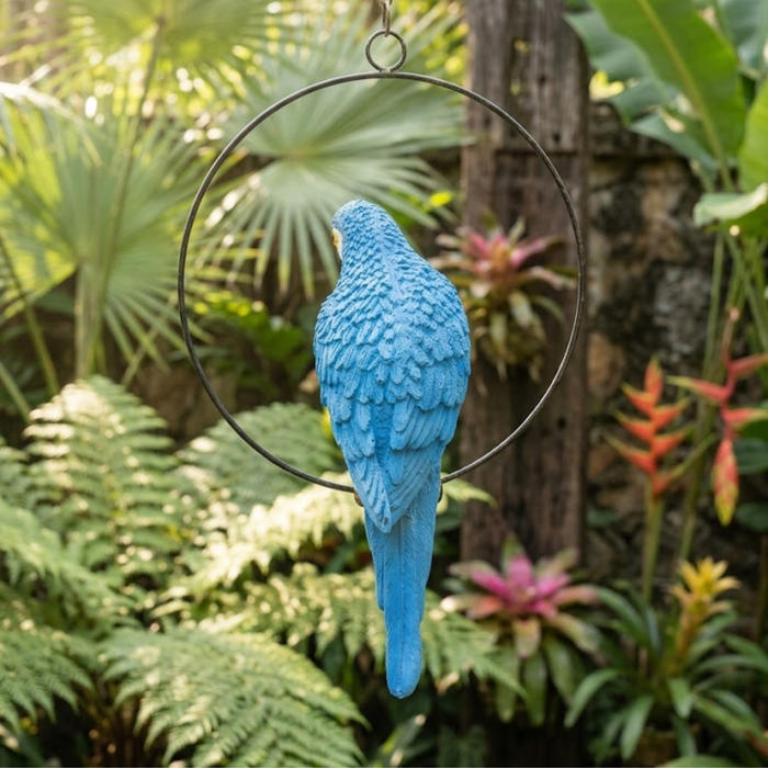 Vibrant Blue and Yellow Macaw Parrot Hanging Garden Statue – Weather-Resistant Resin Bird Sculpture on Metal Ring