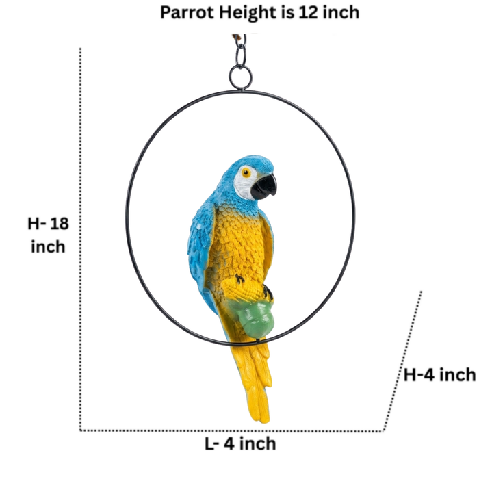 Vibrant Blue and Yellow Macaw Parrot Hanging Garden Statue – Weather-Resistant Resin Bird Sculpture on Metal Ring