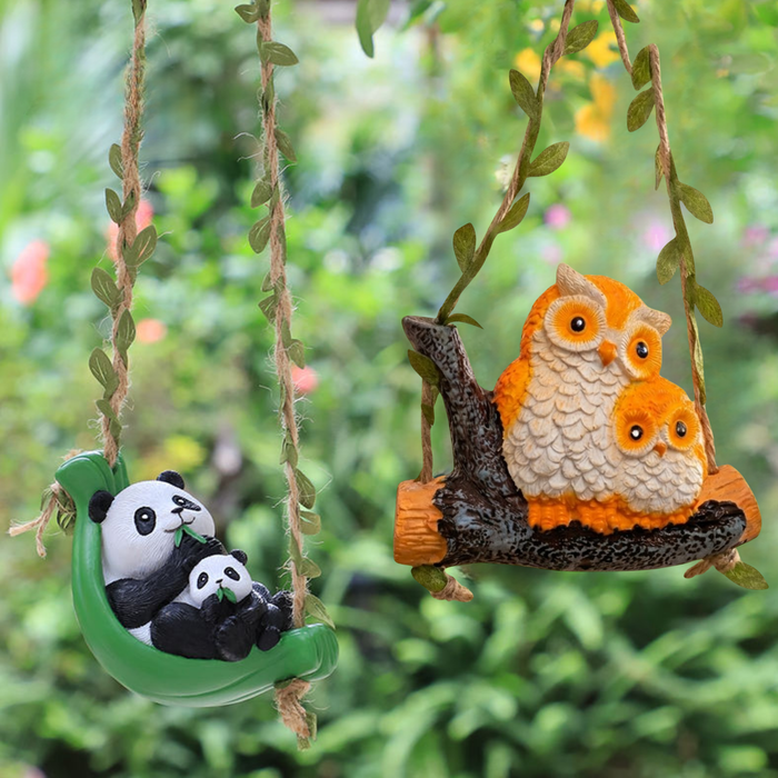 Cute Hanging Garden Ornaments – Whimsical Resin Panda & Owl Family Swing Tree Sculptures for Outdoor Yard, Patio, and Lawn Decor (Set of 2)