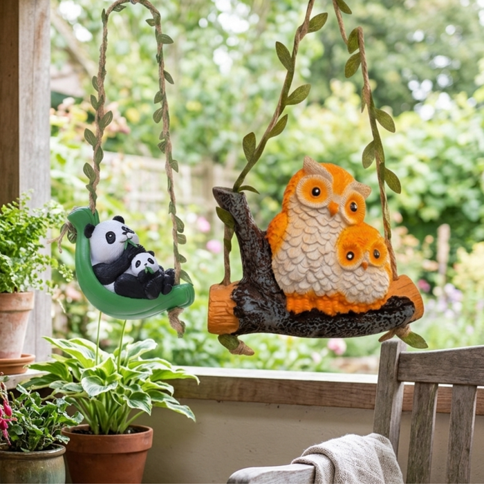 Cute Hanging Garden Ornaments – Whimsical Resin Panda & Owl Family Swing Tree Sculptures for Outdoor Yard, Patio, and Lawn Decor (Set of 2)