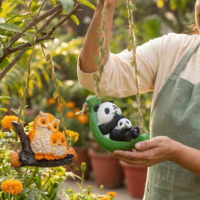Cute Hanging Garden Ornaments – Whimsical Resin Panda & Owl Family Swing Tree Sculptures for Outdoor Yard, Patio, and Lawn Decor (Set of 2)