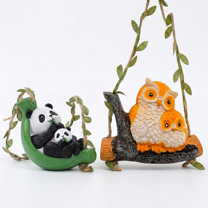 Cute Hanging Garden Ornaments – Whimsical Resin Panda & Owl Family Swing Tree Sculptures for Outdoor Yard, Patio, and Lawn Decor (Set of 2)