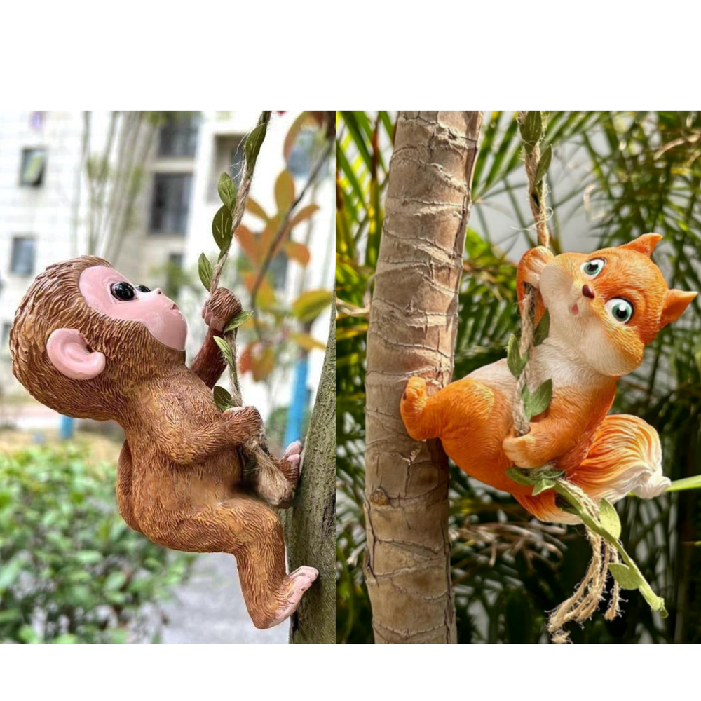Cute Mini Hanging Garden Ornaments - Climbing Monkey & FoxTree Hugger (Set of 2)