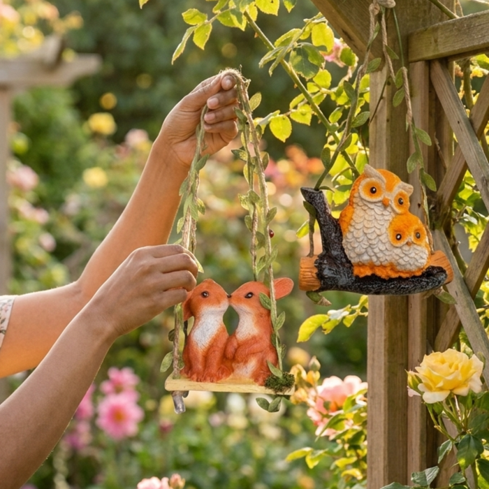 Hanging Garden Figurines Set - Adorable Owls on Branch and Bunnies on Swing Outdoor Decor