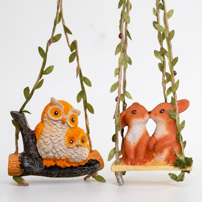 Hanging Garden Figurines Set - Adorable Owls on Branch and Bunnies on Swing Outdoor Decor