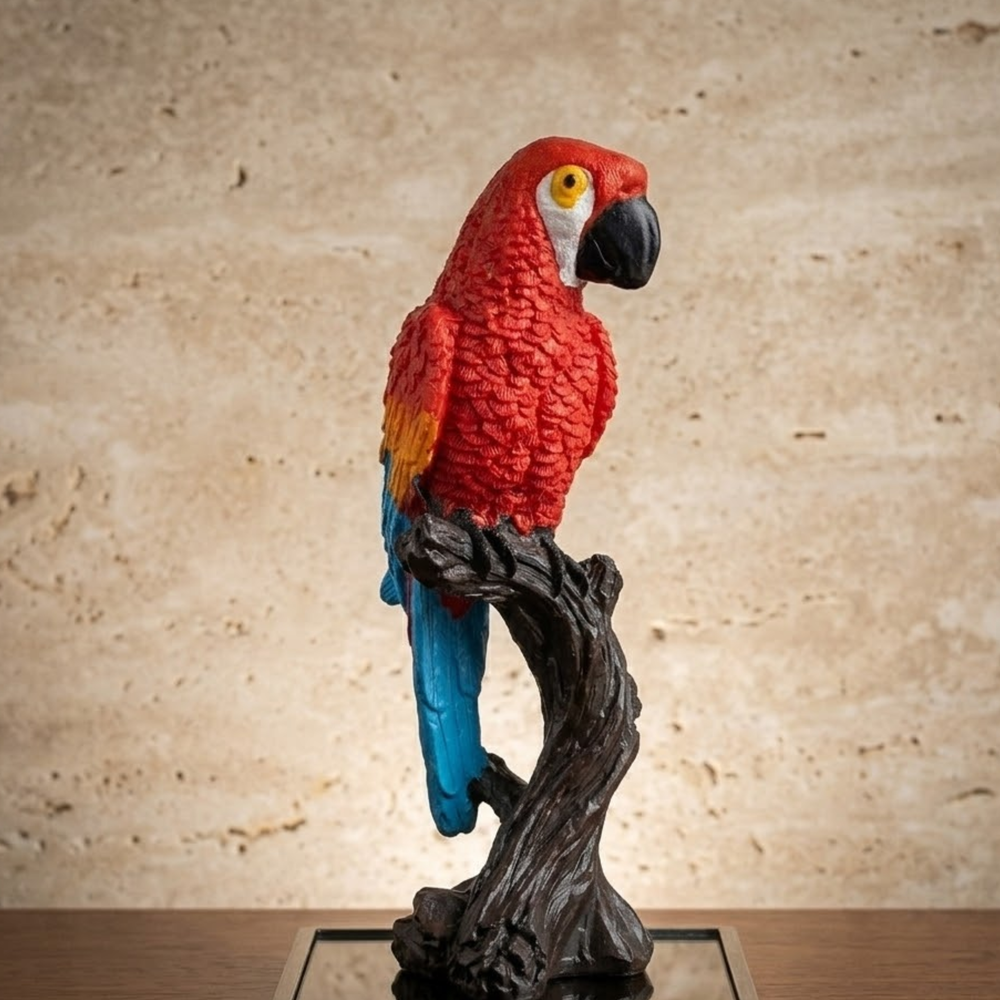 Hand-Painted Scarlet Macaw Parrot Perched on Tree Trunk