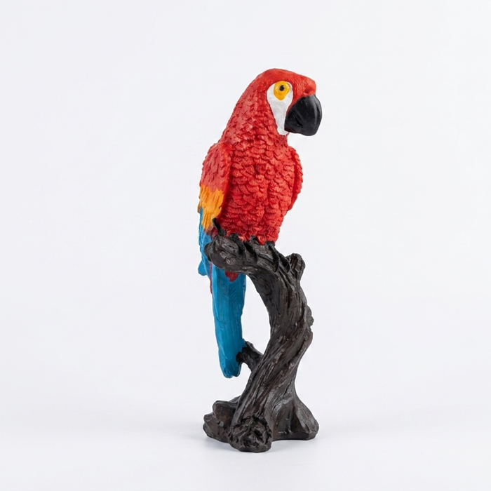 Hand-Painted Scarlet Macaw Parrot Perched on Tree Trunk