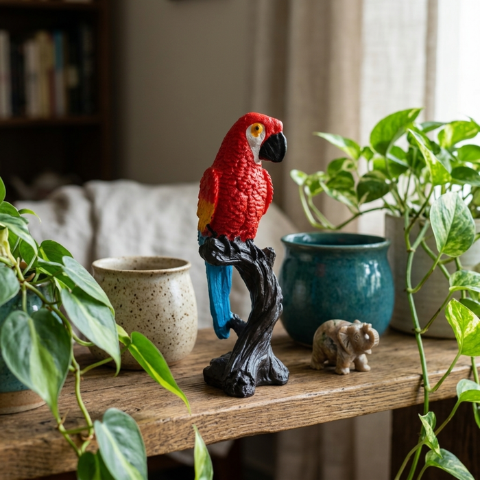 Hand-Painted Scarlet Macaw Parrot Perched on Tree Trunk