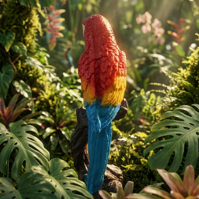 Hand-Painted Scarlet Macaw Parrot Perched on Tree Trunk