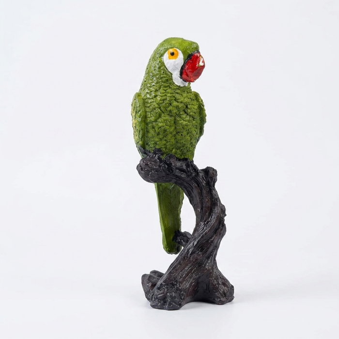 Realistic Green Parrot on Tree Trunk Figurine