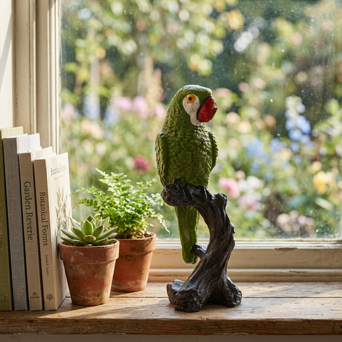 Realistic Green Parrot on Tree Trunk Figurine