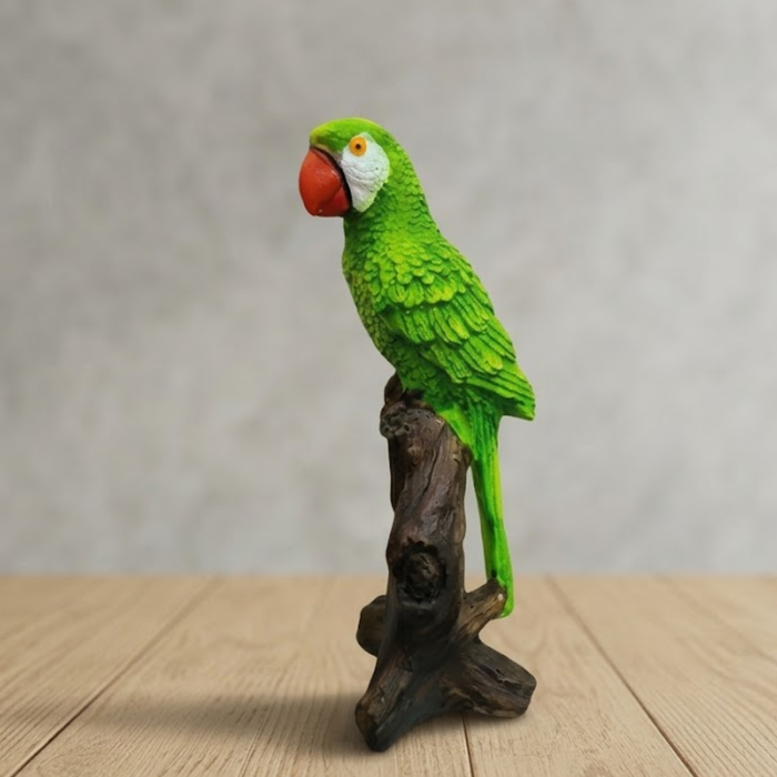 Realistic Green Parrot on Tree Trunk Figurine