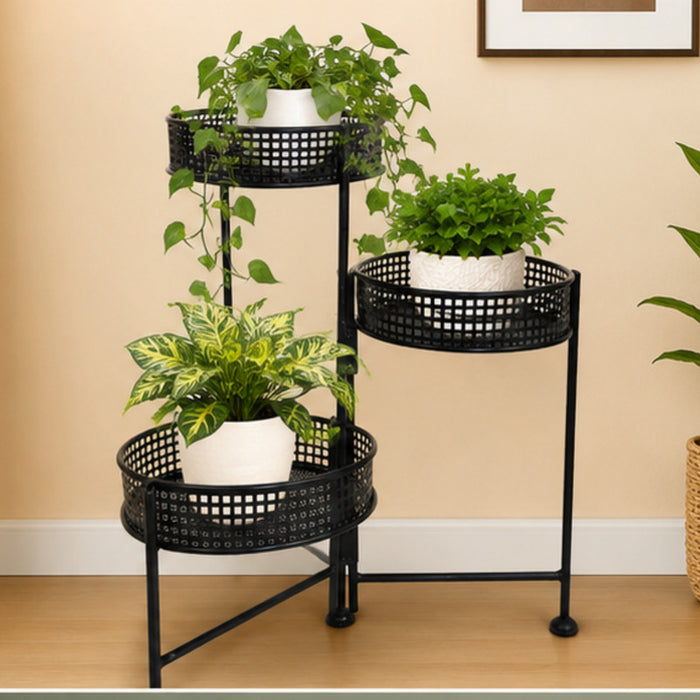 Black metal 3-tier folding plant stand with round mesh baskets against a clean white background.