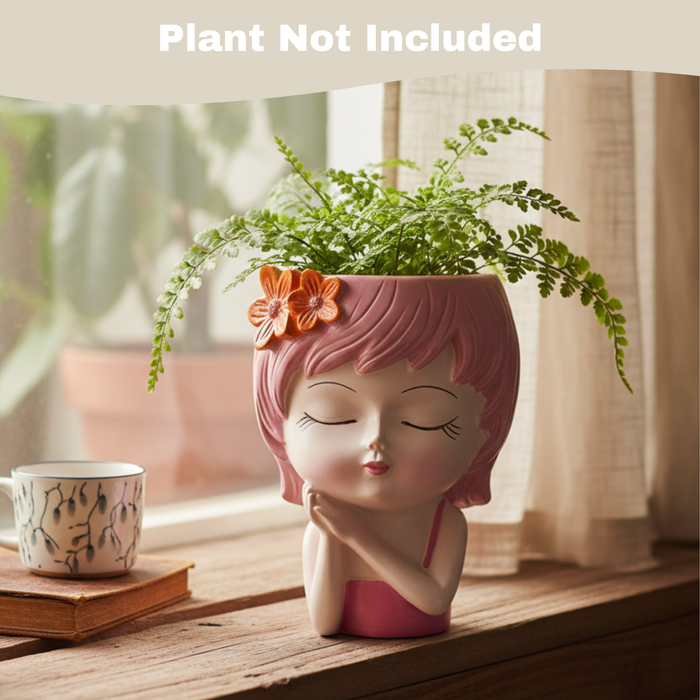 Wonderland 6 Inch Adorable "Dreaming Girl" Resin  Planter – Decorative Pink Head Vase for Indoor Plants, Cute Face Pot for Home & Office Décor- 3.5x2.5x6 inch(Plant Not Included)